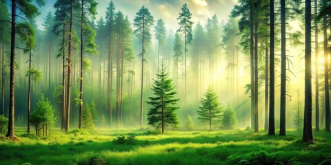 Obraz premium A serene forest landscape with tall trees and a misty atmosphere on a green background, wilderness, forest, lush, leaves, vegetation