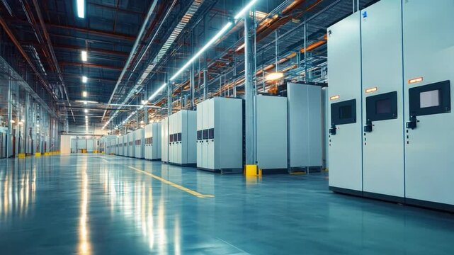Modern battery energy storage, featuring sleek, high-capacity battery units arranged in a clean, 
