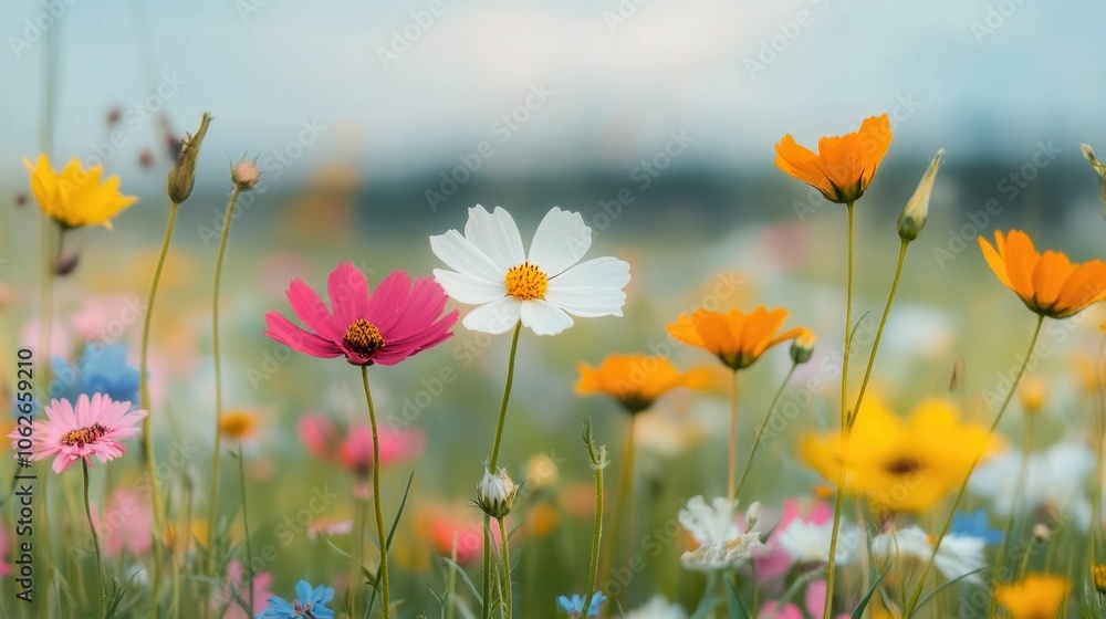 Poster captivating image of a colorful array of wildflowers growing in a serene picturesque meadow landscap