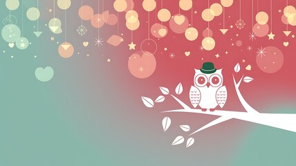 Owl in a Hat Perched on a Branch with a Festive Background