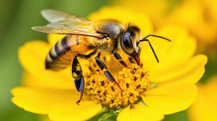 Close up shot of a bee pollinating a vibrant yellow flower surrounded by lush green foliage and a blurred out of focus background