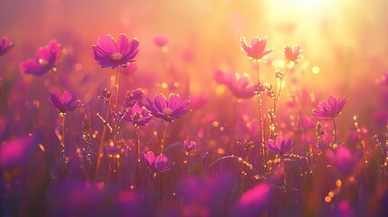 Peaceful Field Scene with Morning Dew Sparkling in Sunlight, Reflecting Delicate Flower Petals on Lush Grass