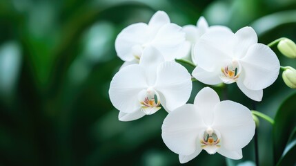 Delicate white orchid flowers blooming under the shade of lush green trees adding a touch of elegant beauty to the serene garden landscape with a soft blurred depth of field effect