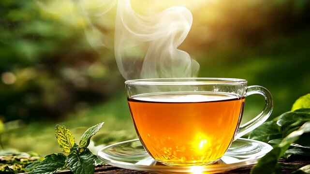 Hot Tea with Steam in a Glass Mug, cup, drink, beverage, transparent, saucer