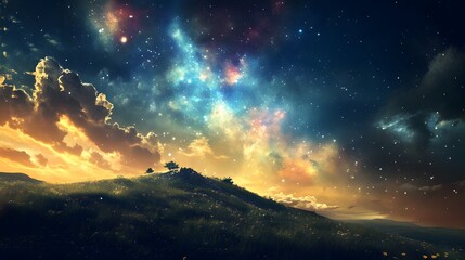 Fototapeta premium Stunning cosmic landscape with vibrant colors and stars at dusk.