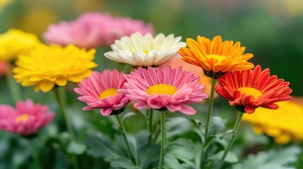 Lush garden filled with a variety of colorful chrysanthemum flowers in full bloom creating a vibrant natural display