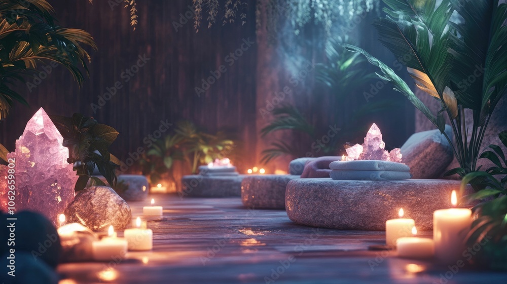 Poster tranquil and inviting spa like room filled with sparkling crystals glowing candles and an array of n
