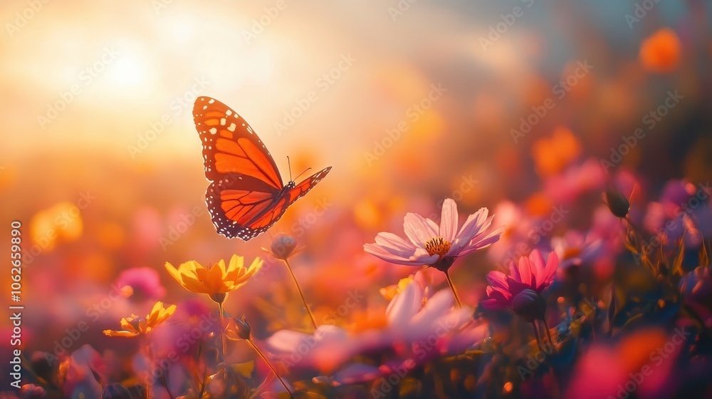 Poster field of colorful cosmos flower and butterfly in a meadow in nature in the rays of sunlight in summe