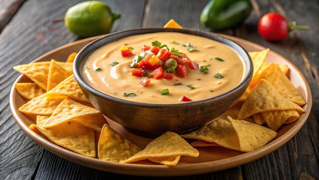 Wide-angle shot of delicious queso dip in a bowl with tortilla chips on the side