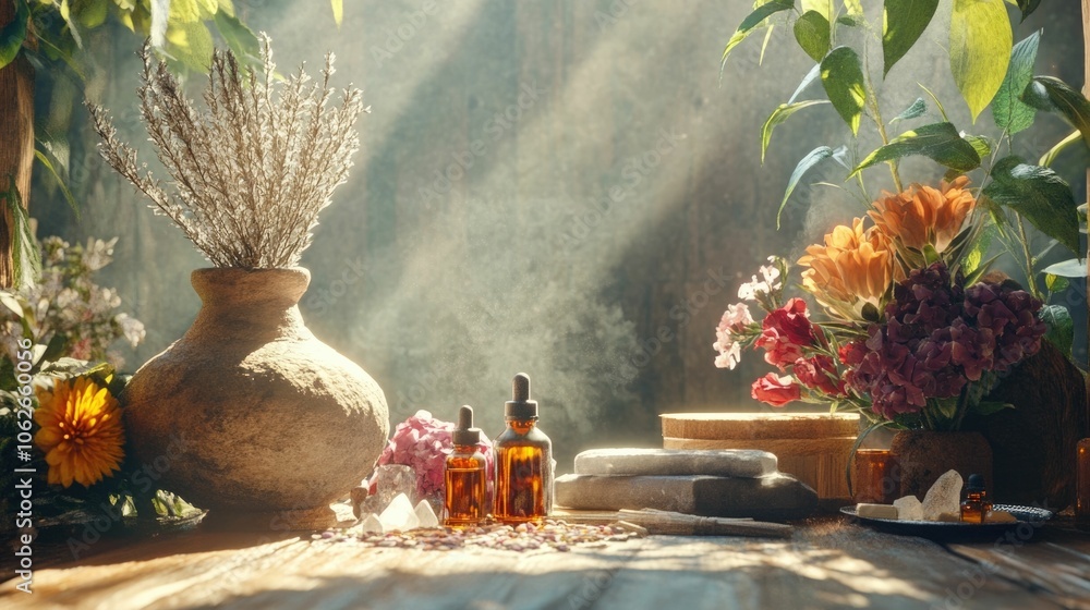 Poster a natural serene setup with sage bundles essential oil bottles and various crystals arranged on a wo