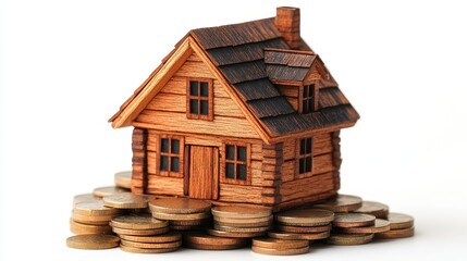 Wooden house on stack of coins isolated