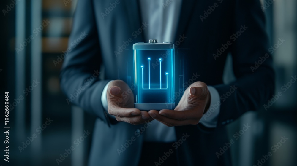 Poster a man in a suit holds a futuristic device with glowing indicators, suggesting advanced technology an