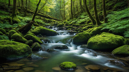 Serene forest stream flowing over moss-covered rocks, surrounded by lush greenery. Perfect depiction of tranquility and untouched nature in a forest setting.