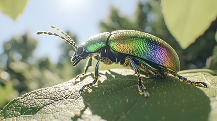 Fototapeta premium Explore the vibrant beauty of a colorful beetle resting on a leaf in nature's garden