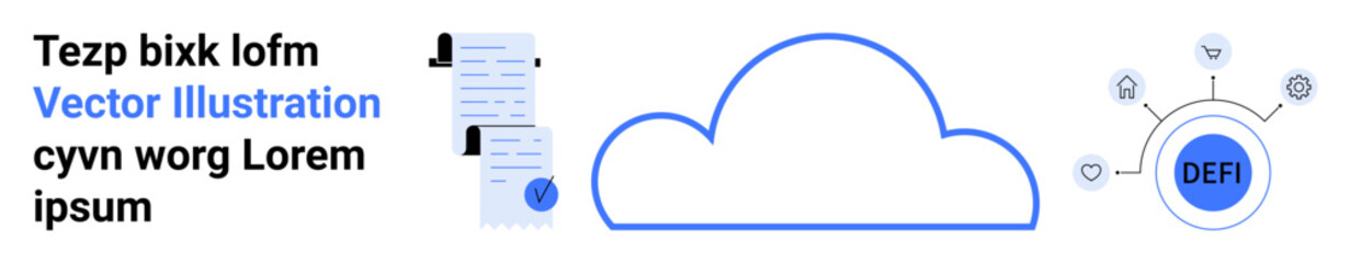 Cloud icon surrounded by documents, decentralized finance DeFi symbol with connecting nodes. Ideal for tech presentations, business reports, educational materials, websites, digital marketing, SaaS