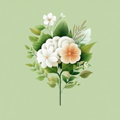 Beautiful floral arrangement featuring white and peach flowers with lush green leaves, perfect for nature-themed designs.