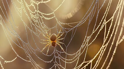 A spider skillfully weaves a stunning web adorned with dewdrops in nature's splendor