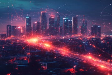 Night cityscape with glowing lines. Perfect for illustrating concepts of connection, technology, and progress.