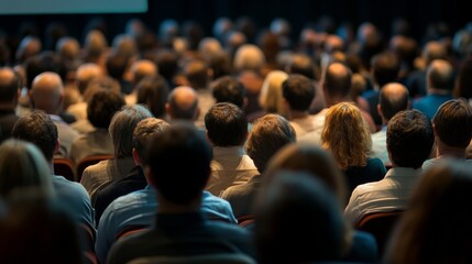 A blurred view of an audience facing a speaker at an event, emphasizing the collective engagement of attendees.