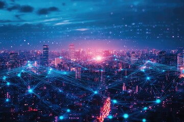 Night city skyline with glowing network. Illustrates digital connection, communication, and technology in modern urban life.