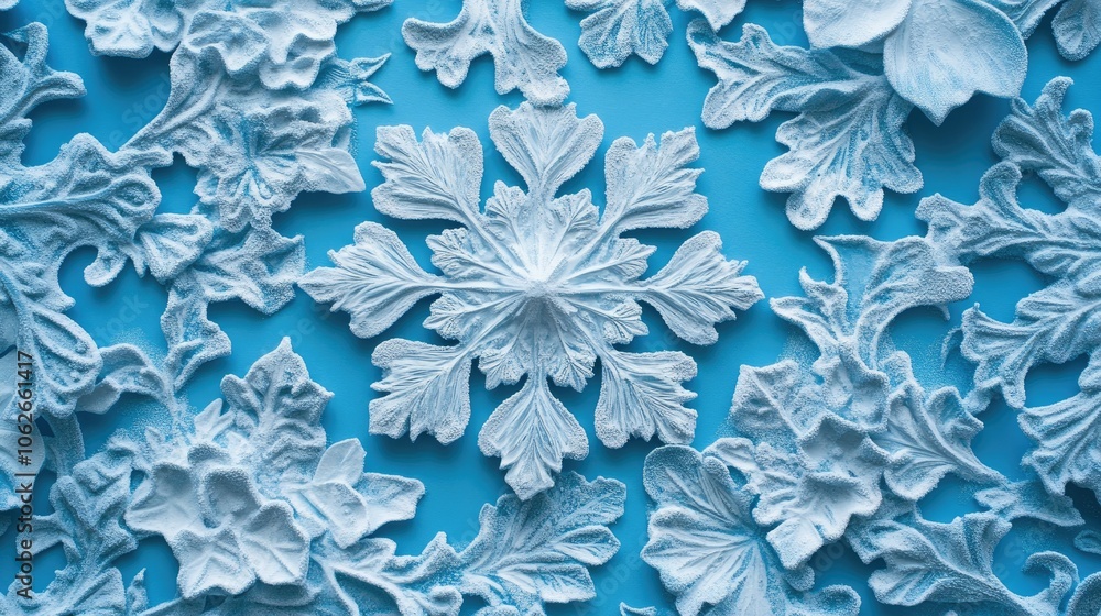 Poster close-up of intricate snowflake pattern on frosty blue background, ample copy space on sides