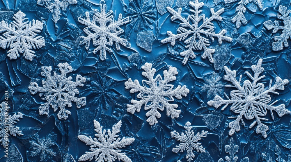 Poster close-up of intricate snowflake pattern on frosty blue background, ample copy space on sides