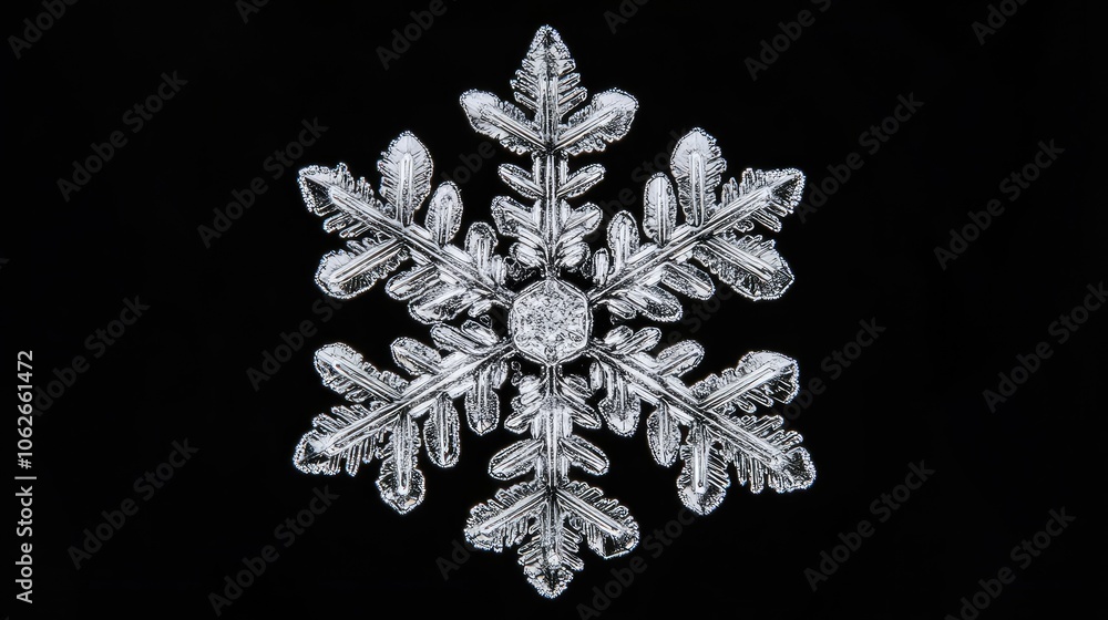 Poster close-up of single snowflake with frost patterns, spacious area around for text
