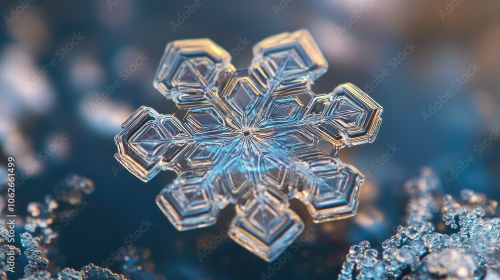 Poster close-up of single snowflake with frost patterns, spacious area around for text