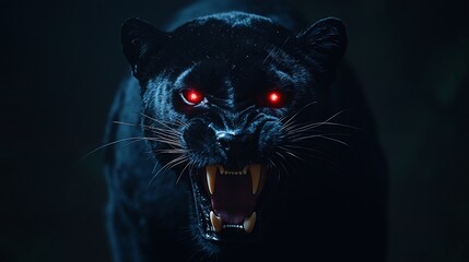 A black panther with glowing red eyes snarls aggressively, its teeth bared, in a dark forest.