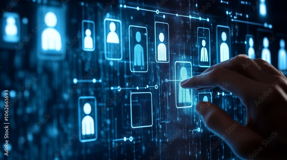 Poster a hand interacts with a digital network of user profiles, symbolizing technology, cybersecurity, and