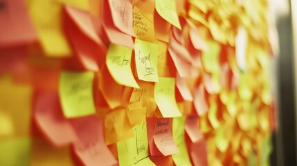 A colorful wall covered with sticky notes in various colors, indicating ideas, reminders, or tasks, creating a vibrant and engaging workspace.