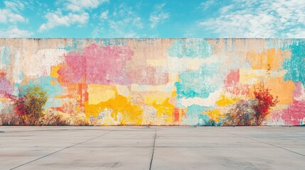 Colorful mural on urban building wall, copy space around