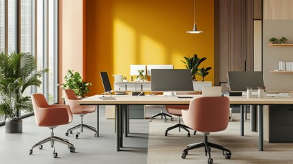 A modern office space featuring stylish furniture, warm lighting, and greenery, creating a vibrant and inviting work environment.