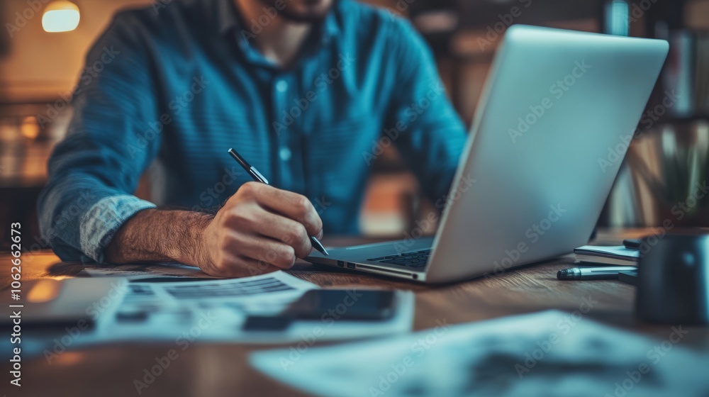 Poster a person is working on a laptop while taking notes, surrounded by documents and a smartphone, highli