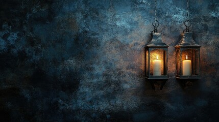 Festive candle lanterns on a dark, textured background, blank space for a message