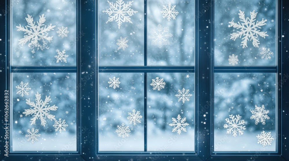 Poster frosted window with snowflake patterns and copy space, cool winter vibe