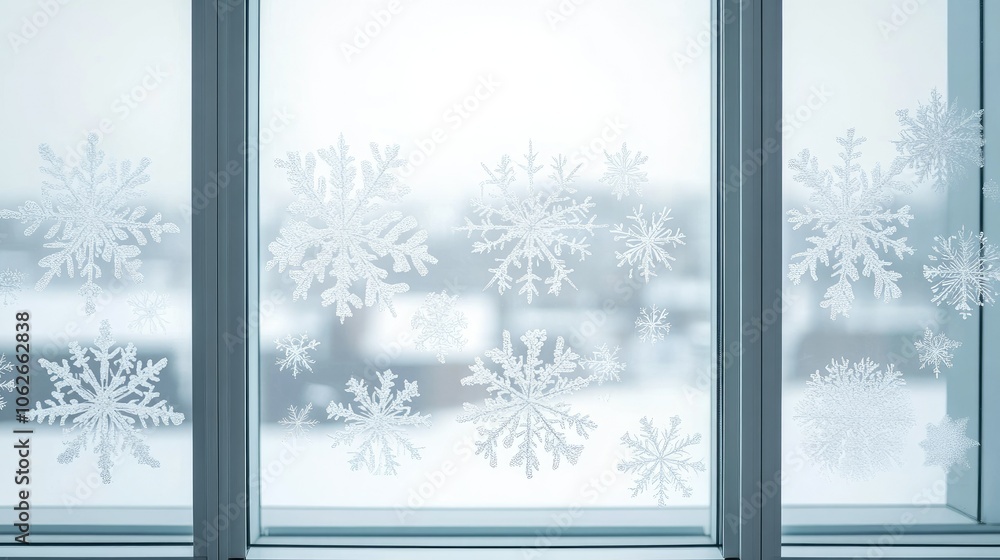Poster frosted window with snowflake patterns and copy space, cool winter vibe