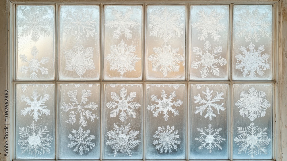 Poster frosted window with snowflake patterns and copy space, cool winter vibe