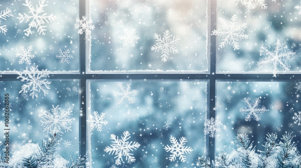 Poster frosted window with snowflake patterns and copy space, cool winter vibe
