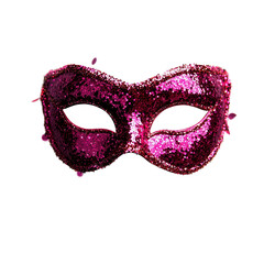 Sparkling pink masquerade mask with sequins on a white isolated background. transparent background