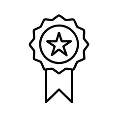 Award ribbon outline icon with star, Black and white outline icon of an award ribbon featuring a star in the center, isolated on a white background.