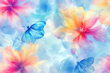Obraz premium Colorful butterflies flutter among vibrant flowers in a serene, dreamy setting, enhancing the tranquil beauty of nature