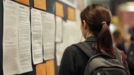 A person stands in front of a bulletin board filled with notices and papers, seemingly engaged in reading the information displayed.