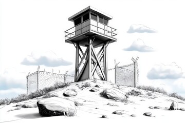 Simple 2D drawing of a guard tower with barbed wire, capturing the stark and controlled environment of a prison setting, symbolizing vigilance and restriction