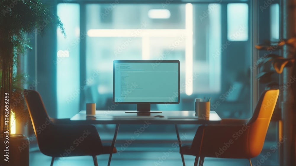 Poster a modern workspace featuring a computer, two chairs, and plants, illuminated by soft light, creating