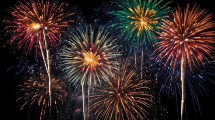 Obraz premium A burst of colorful fireworks exploding in the dark night sky. background fireworks exploding