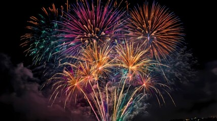 Obraz premium A burst of colorful fireworks exploding in the dark night sky. background fireworks exploding