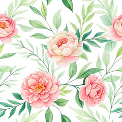Delicate floral watercolor pattern for textiles and backgrounds, watercolor peonies flowers and green leaves, soft colors, 