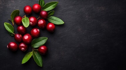 Cranberries with Green Leaves on Dark Background