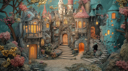 Obraz premium Include imaginative scenes like enchanted forests, magical castles, pirate ships, or fantasy islands. Add interactive elements like doors, paths, or treasure maps to enhance exploration and creativity